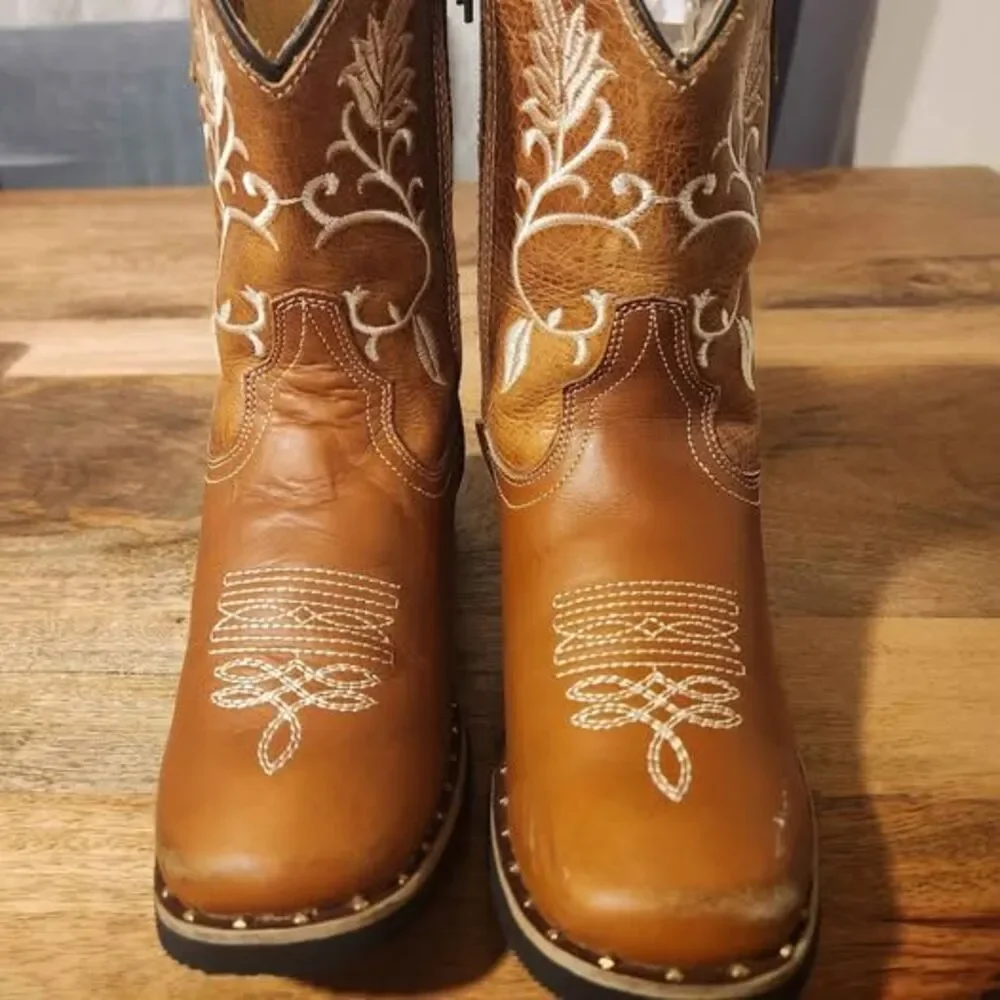 Brown Square Toe Real Leather Cowboy Boots from Zacatecas Size 20.5 MX 1.5 Kids
